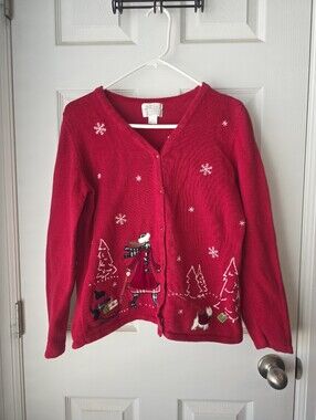 Christopher And Banks Christmas Walking Scottie Dog Long Sleeve Button Up SZM